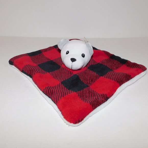 Lila & Jack White Bear Red Black Buffalo Plaid Plush Security Blanket Baby Lovey - Picture 1 of 5